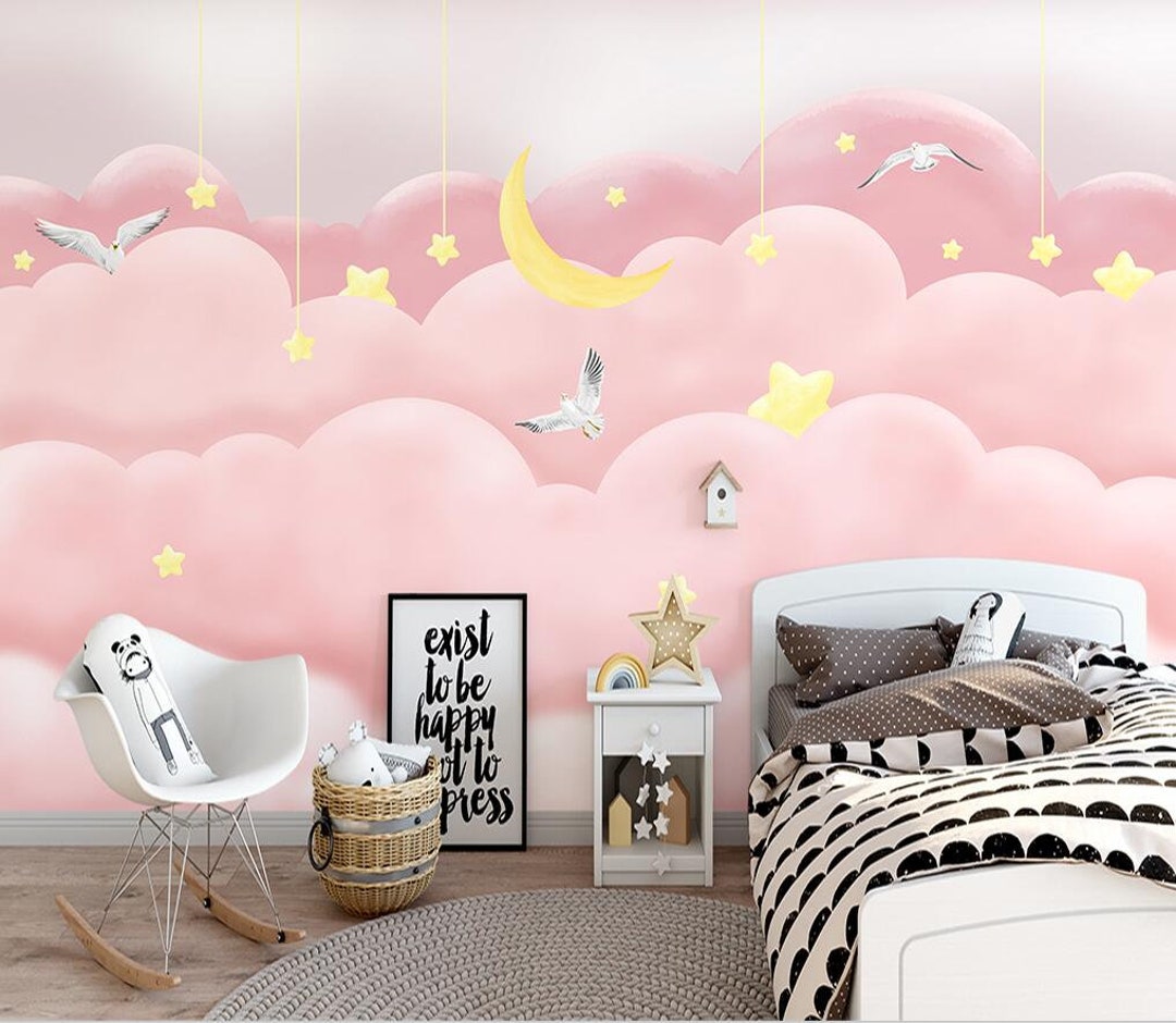 Nordic Pink Cloud Starry Sky Kids Room Nursery Wallpaper Wall Mural ...