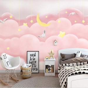 Nordic Pink Cloud Starry Sky Kids Room Nursery Wallpaper Wall Mural Home Decor