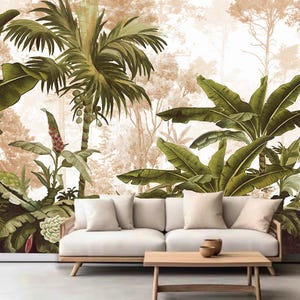 Mural de pared con palmeras y plantas de la selva tropical