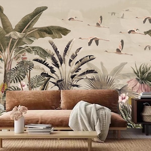 Tropical Flamingo Wallpaper Mural: Palm Tree Jungle Home Decor