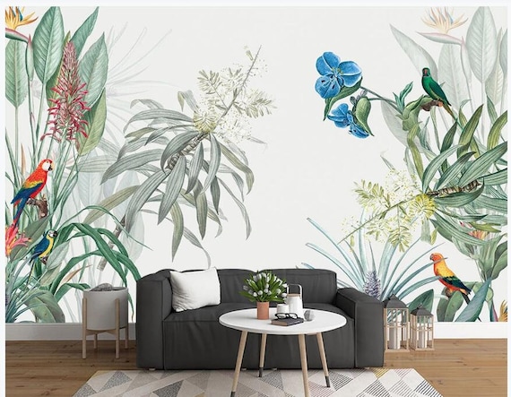  Msrahves mural 3d sala de estar plantas tropicales flores selva  pájaros papel pintado pared mural decoración Wallposter papel pintado  decoración papel pintado autoadhesivo para cocina encimera decoración :  Herramientas y Mejoras