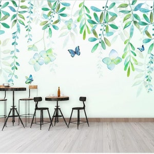 Watercolor Hanging Leaves Wallpaper, Flying Butterflies Fresh Tropical Leaves Wall Murals