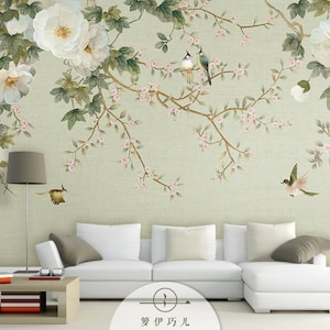 Chinoiserie Brushwork Hanging Magnolia with Birds Wallpaper Wall Murals for Living or Dinning Room