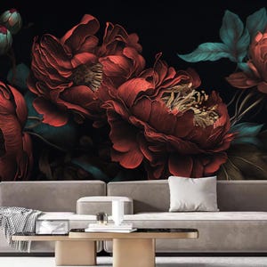 Dark Background Red Blooming Peony Flowers Floral Wallpaper Wall Mural Wall Decor