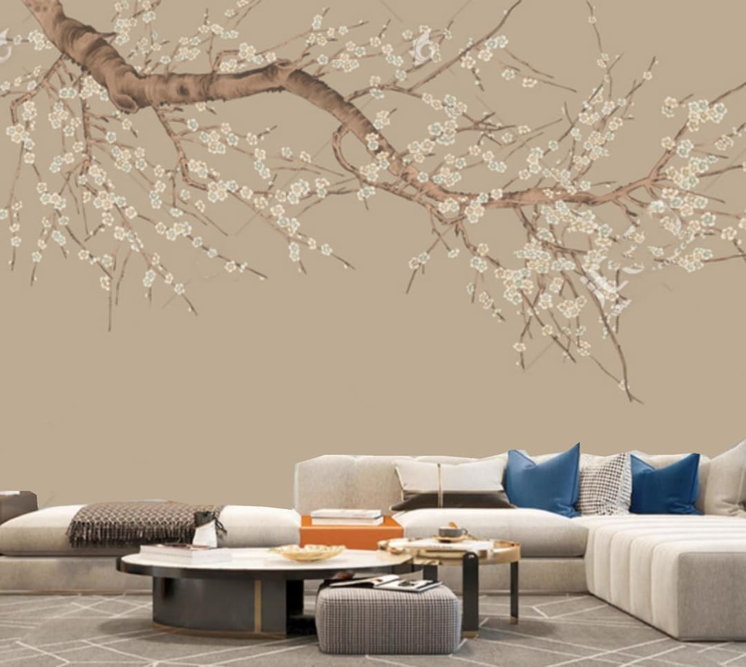 Chinoiserie Cherry Blossom Wallpaper Mural: Brown Brushwork, Flying ...