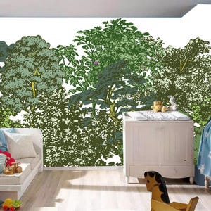 Cartoon Forest Wallpaper Mural: Green Trees, Kids Nursery Decor