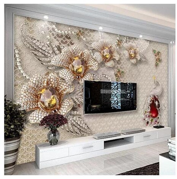 Custom Mural Wallpaper 3D Stereo Blue Jewelry Flower Wall - Etsy Australia Custom Mural Wallpaper 3D Stereo Blue Jewelry Flower Wall - Etsy Australia