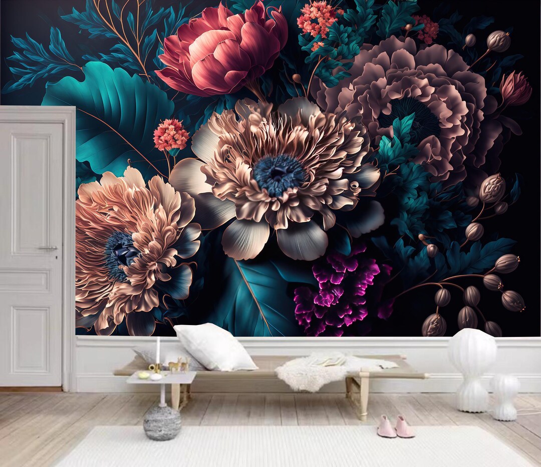 Dark Floral Peony Wallpaper Mural: Home Decor - Etsy