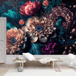 Dark Floral Peony Wallpaper Mural: Home Decor