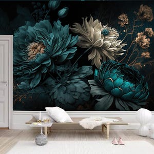 Dark Floral Peony Wallpaper Mural: Blue Flower Home Decor