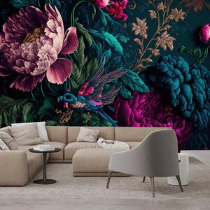 Dark Background Peony Flowers Floral Wallpaper Wall Mural Home Decor
