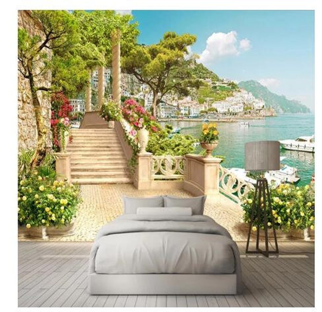 Custom 3D Photo Wallpaper Garden Balcony Stairs Lake View 3D - Etsy