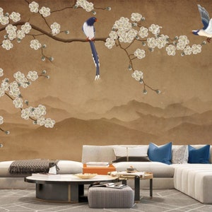 Chinoiserie Plum Blossom Branch Wallpaper Mural: Brown Brushwork Home Decor