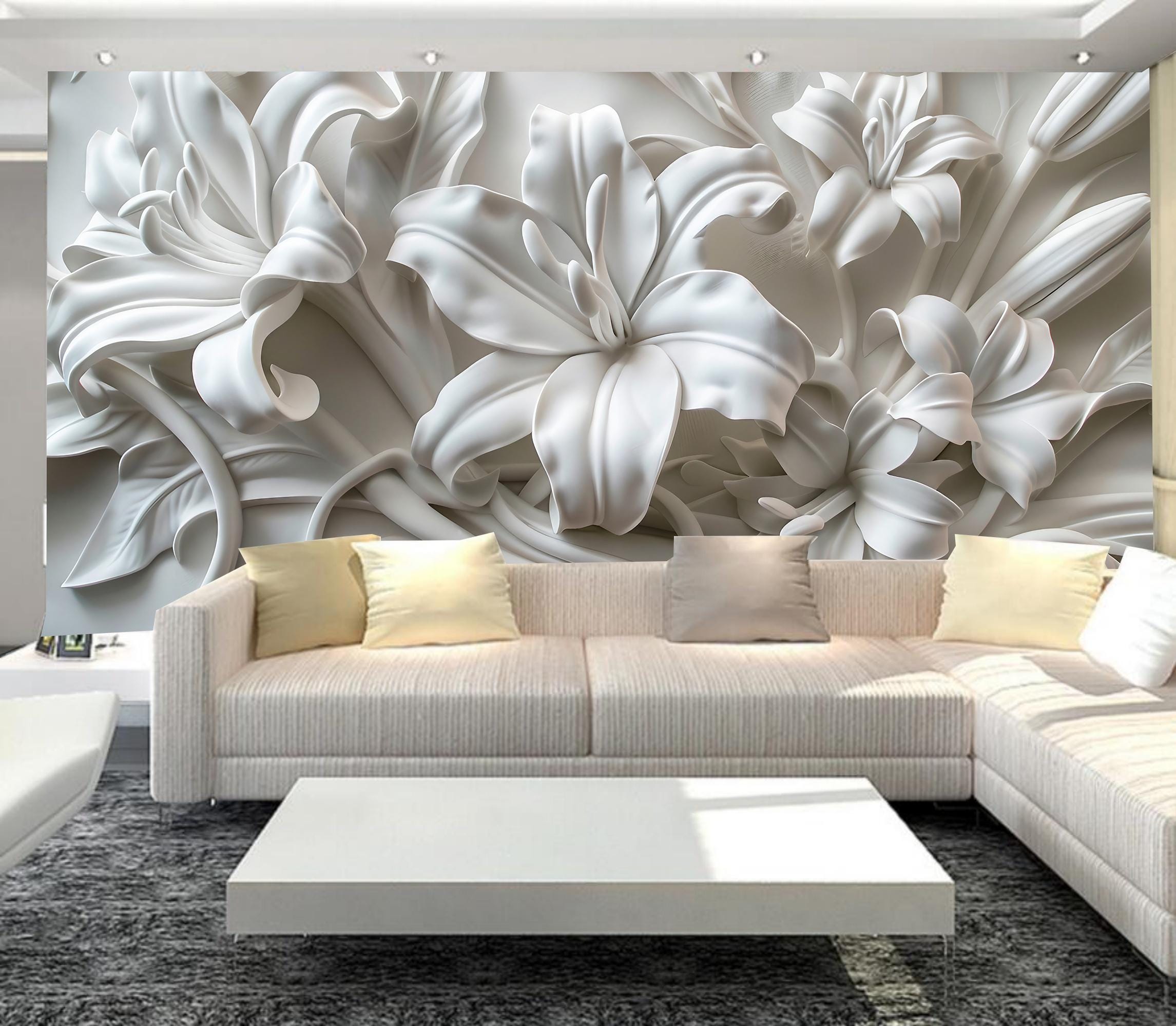 3D Marble Flowers Neoclassicism Sculpture Floral Wallpaper Wall