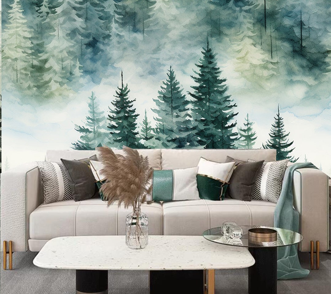 Watercolor Pine Tree Forest Wallpaper Mural: Tropical Wall Decor - Etsy