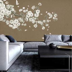 Chinoiserie Magnolia Blossom Wallpaper Mural: Flying Birds Home Decor