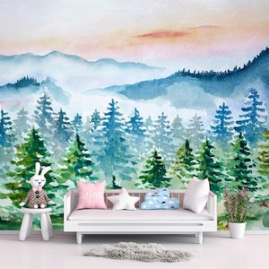 Watercolor Pine Forest Wallpaper Mural: Mountain Landscape Nursery Decor