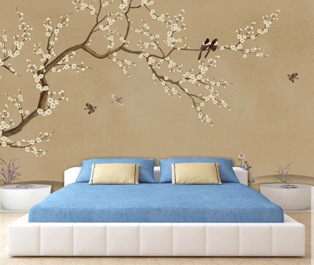 Chinoiserie Blossom Tree Wallpaper Mural: Flying Birds Home Decor - Etsy