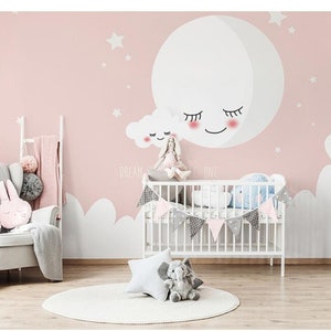 Pink Moon Nursery Wallpaper: Cartoon Stars & Clouds Wall Mural