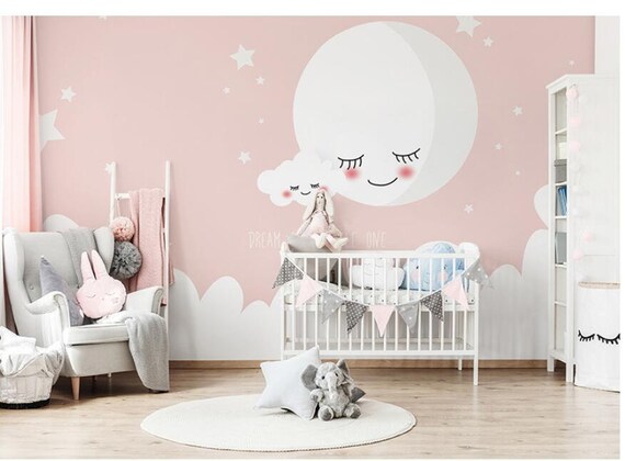 Cartoon Pink Moon and Stars Nursery Wallpaper Lovely Smile - Etsy Cartoon Pink Moon and Stars Nursery Wallpaper Lovely Smile - Etsy