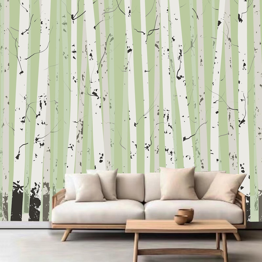 Mint Green Background White Birch Trees Forest Jungle Wallpaper Wall ...