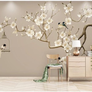 Chinoiserie Magnolia Tree Wallpaper: Handpainted Birds Wall Mural