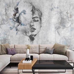 Creative Spectacular Beautiful Woman Face with White and Blue Flower Wallpaper Wall Mural Home Decor