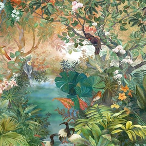 Tropical Rainforest Wallpaper Mural: Hand-Painted Jungle Scene