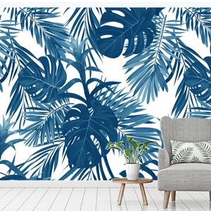 Blue Banana Leaf Wallpaper: Handpainted Tropical Wall Mural