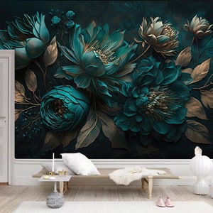 Peony Floral Wallpaper Mural: Dark Green Botanical Home Decor