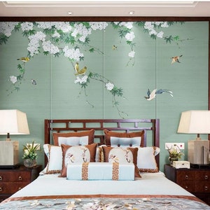 Chinoiserie Hanging Cherry Tree Wallpaper, Flying Birds Home Decor Wall ...