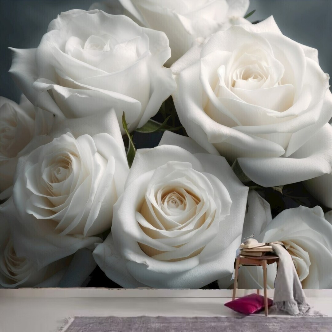 Big White Rose Flower Floral Wallpaper Wall Mural Home Decor Etsy