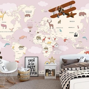 Safari Cartoon World Map Nursery Wallpaper, Peint à la main World Map Cartoon Animals et Hot-air Balloon Baby' Room Kids' Room Wall Murals