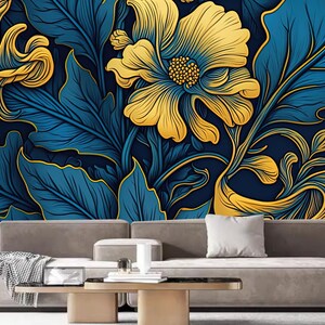 Floral Wallpaper Mural: Dark Blue & Yellow Flowers Wall Decor