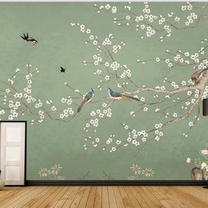 Chinoiserie Hanging Cherry Wallpaper, Handpainted Vivid Birds and Pink Flowers Home Decor Wall Murals for Living or Dinning Room