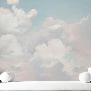 Skye Blue Light White Clouds Wallpaper, Simple Nature Clouds Wall Murals Wall Decor for Living or Dinning Room image 1