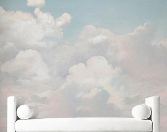 Skye Blue Light White Clouds Wallpaper, Simple Nature Clouds Carta da parati murales Decorazione da parete per soggiorno o sala da pranzo