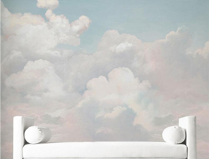 Skye Blue Light White Clouds Wallpaper, Simple Nature Clouds Wall Murals Wall Decor for Living or Dinning Room image 1