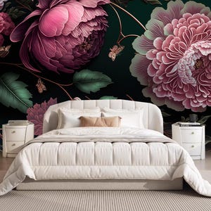 Pink Peony Floral Wallpaper Mural: Dark Background Wall Decor