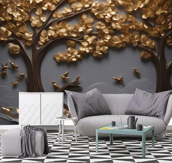 Autocollant Mural 3D Golden Leaves I7873 - Feuilles Dorées, Amovible Et Autocollant