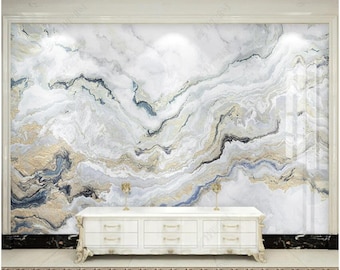 Luxury Light Grey and White Blue Gold Marble Wallpaper Wall Mural for Living Room Bedroom Dinning Room