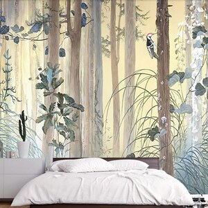 Grey Forest Trees Wallpaper Mural: Birds Home Decor
