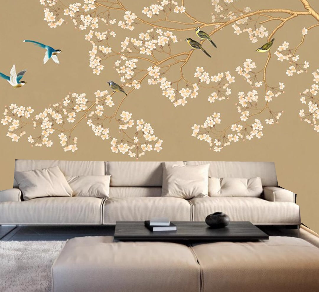 Chinoiserie Cherry Blossom Wallpaper: Flying Birds Wall Mural - Etsy
