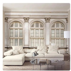 Retro Window View Wallpaper Mural: Living Room Home Decor