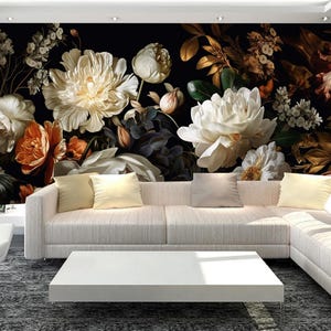 Sfondo scuro Fiori bianchi di peonia Carta da parati floreale Murale Decorazione per la casa