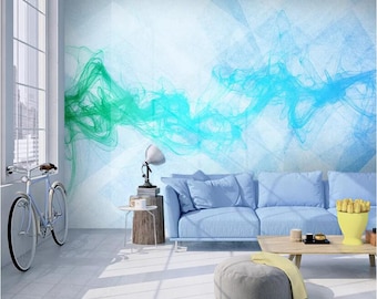 Hand Painted Lines Wall Murals Wall Decor for Living or Dinning Room Oil Painting Blue and Green Lines Wallpaper