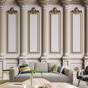 Classic Interior Column Wallpaper Mural: Beige Plaster Wall Decor