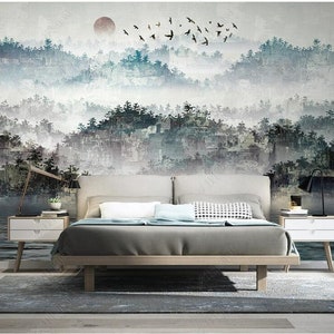 Abstract Green Mountains with White Clouds Mural Wallpape Flying Birds and Boat Wall Murals Wall Decor