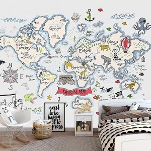 Cartoon World Map Nursery Wallpaper, Handpainted World Map Animals Baby