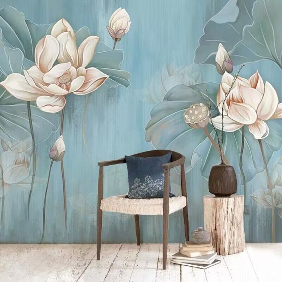 Blue Background Lotus Flower Wallpaper Wall Mural Home Decor Etsy